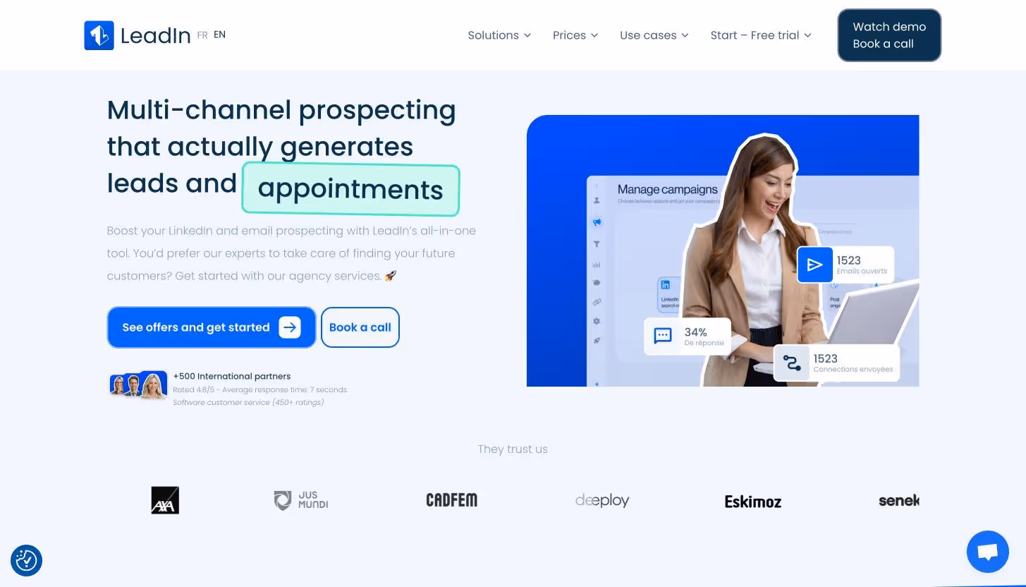 Leadlin landing page featuring a woman managing LinkedIn outreach campaigns on a laptop.