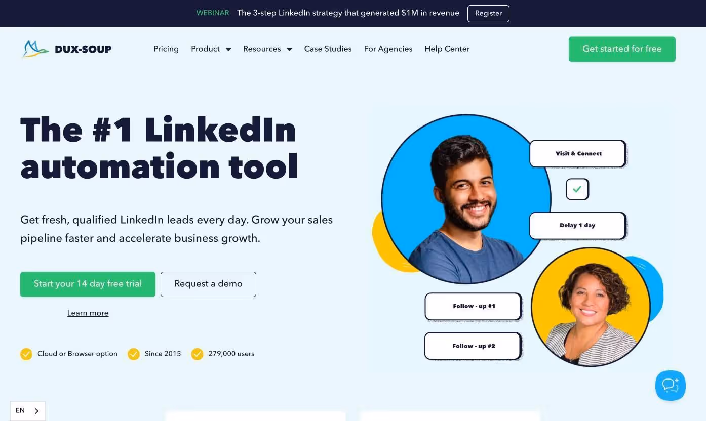 A website homepage for Dux-Soup, a LinkedIn automation tool, with two user profile images.