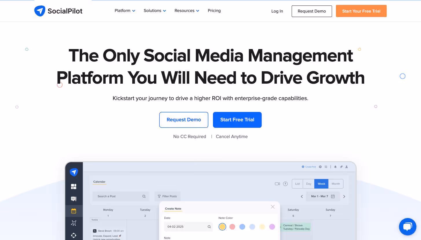 SocialPilot landing page with a calendar view for scheduling social media posts.