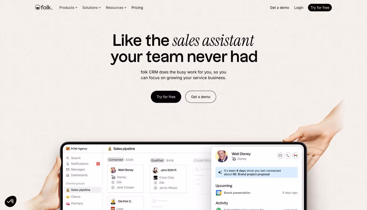 Folk CRM landing page showing a sales pipeline with contact information and activity logs for Walt Disney and others.