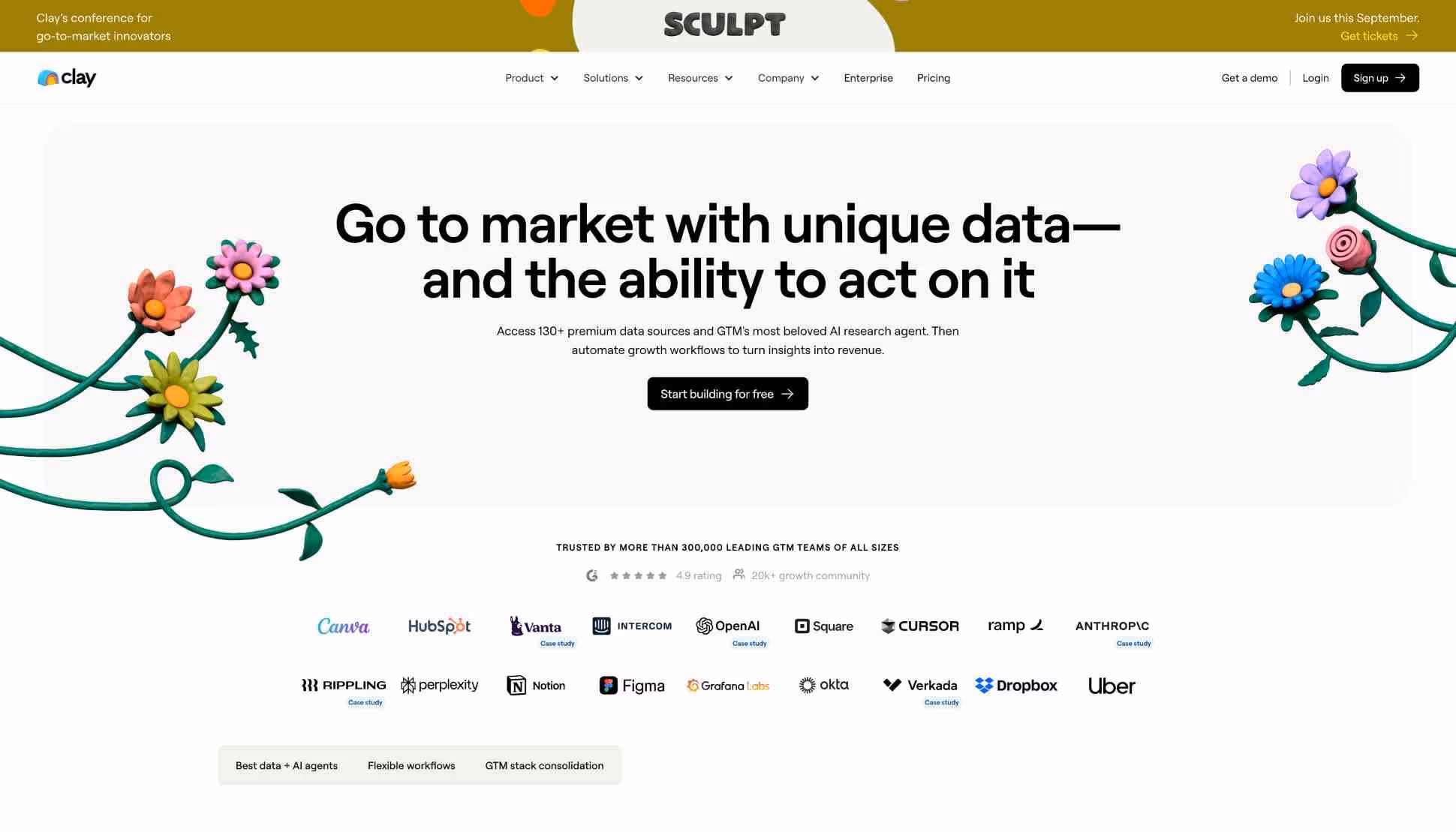 Clay landing page adorned with colorful flowers, featuring a list of companies that trust their platform.