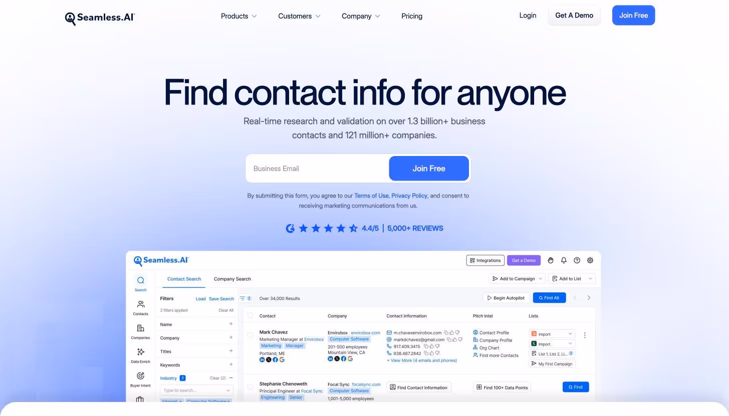 Seamless.AI landing page displaying a search interface for finding business contact information with filters and results.