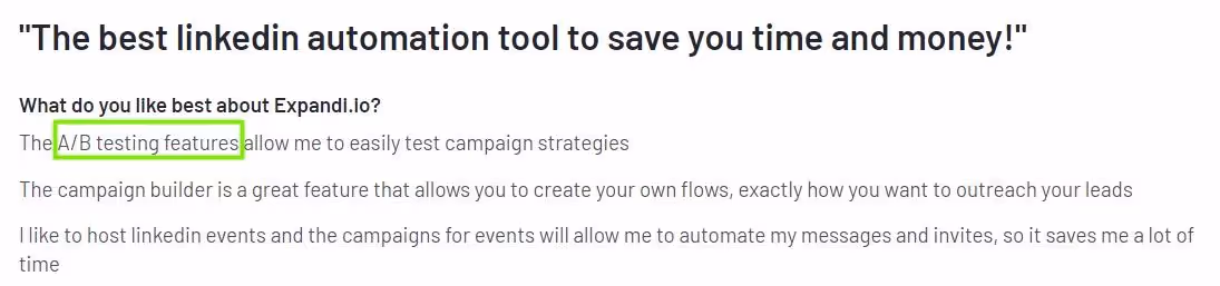 A/B testing feature highlighted as a favorite aspect of Expandi.