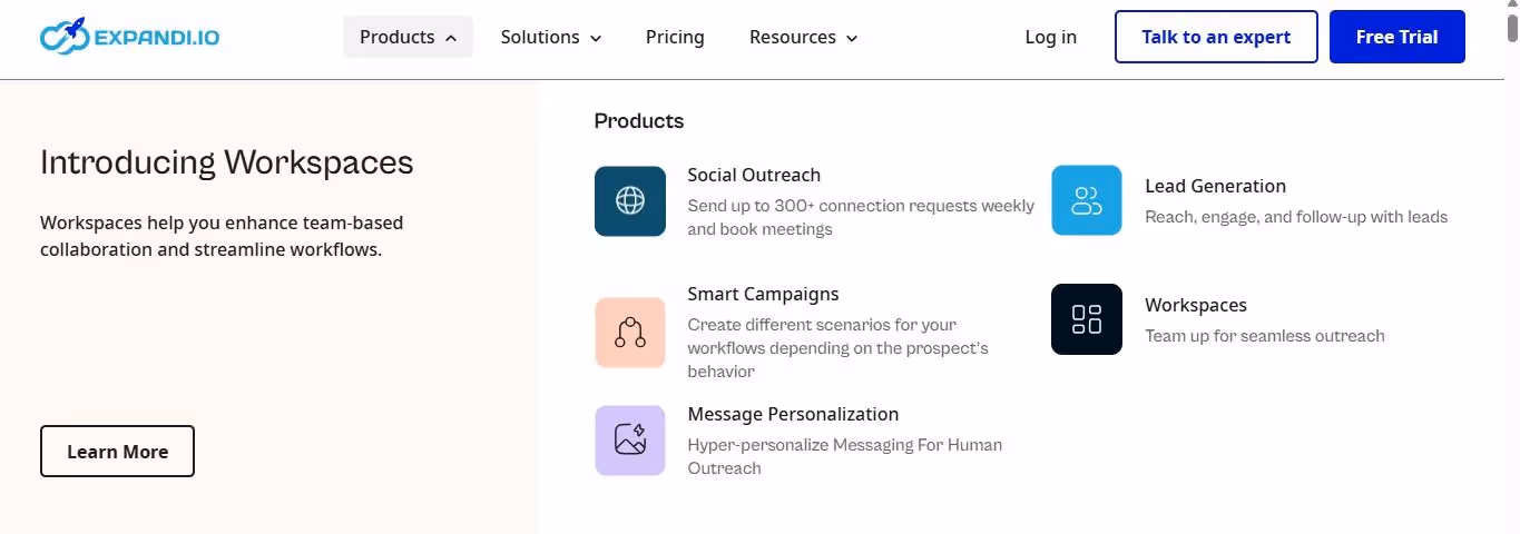 Expandi's workspaces page explaining its team-based collaboration features.