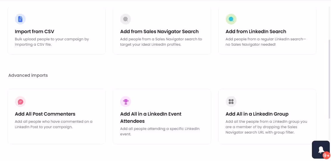 Screenshot of different ways to add profiles to a LinkedIn campaign.