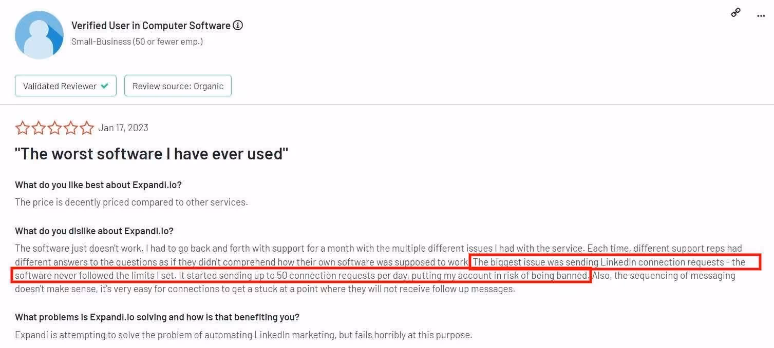 Negative review criticizing software that doesn't work, lacks support, and risks account bans.