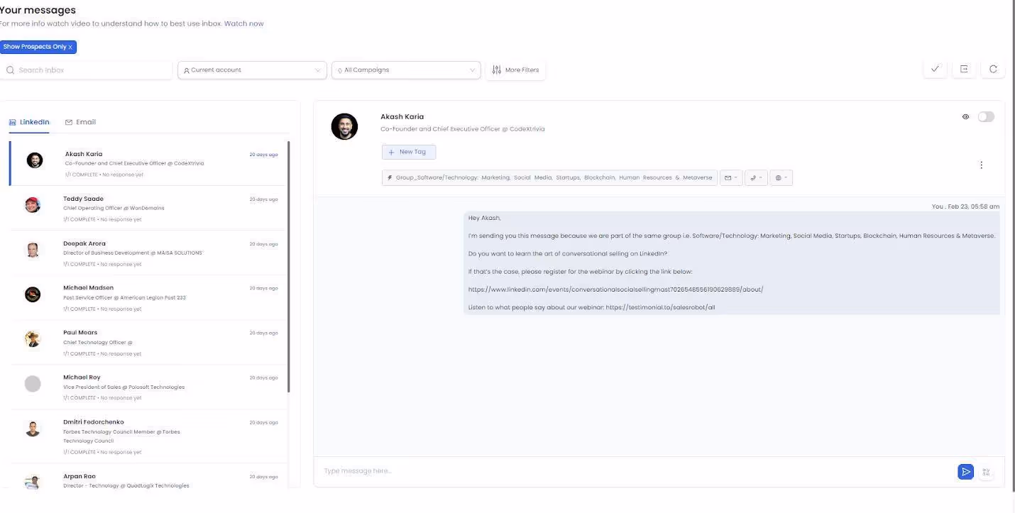 Screenshot of a LinkedIn Sales Navigator inbox.
