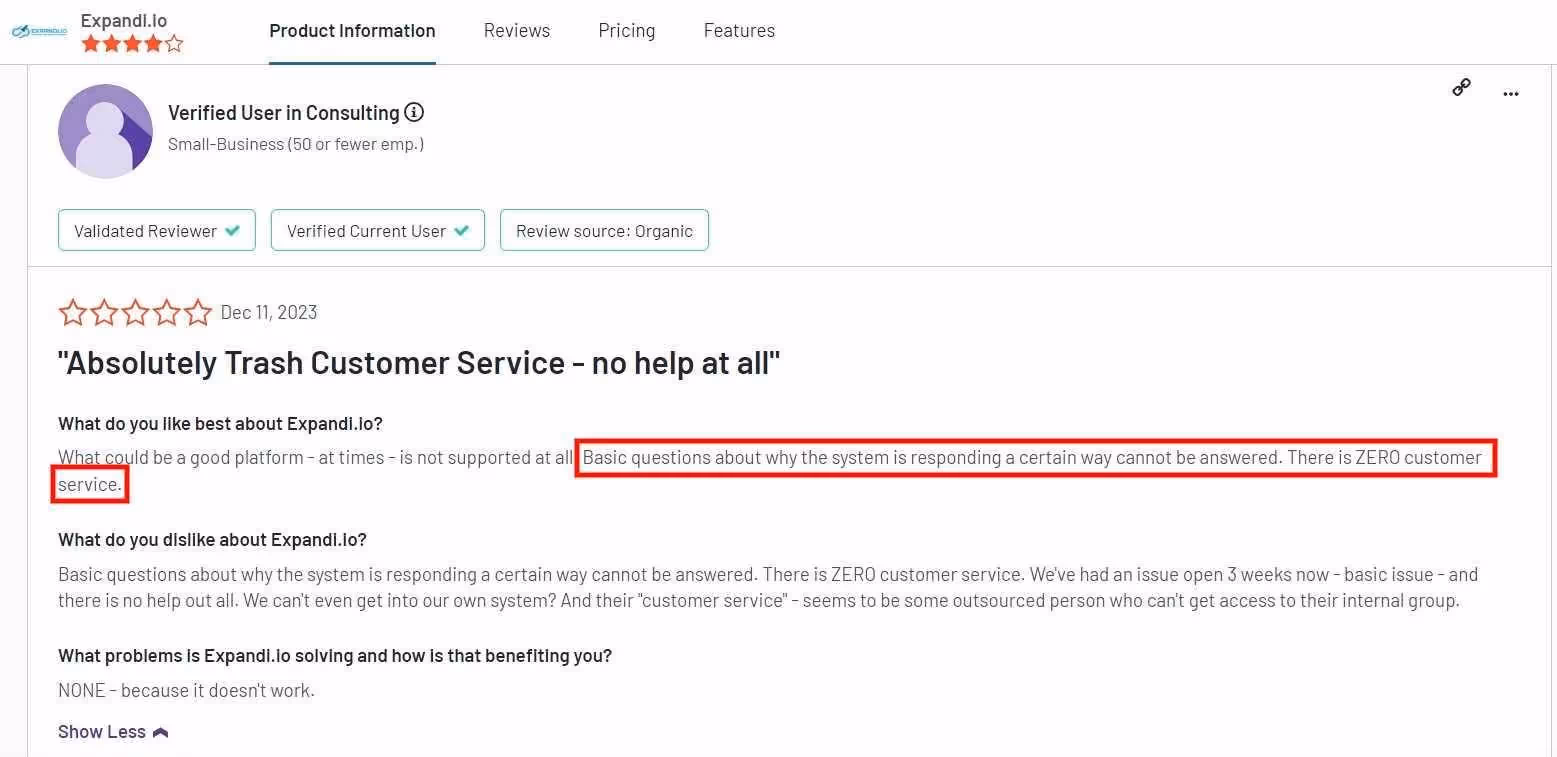 Negative review detailing poor customer service and lack of support.