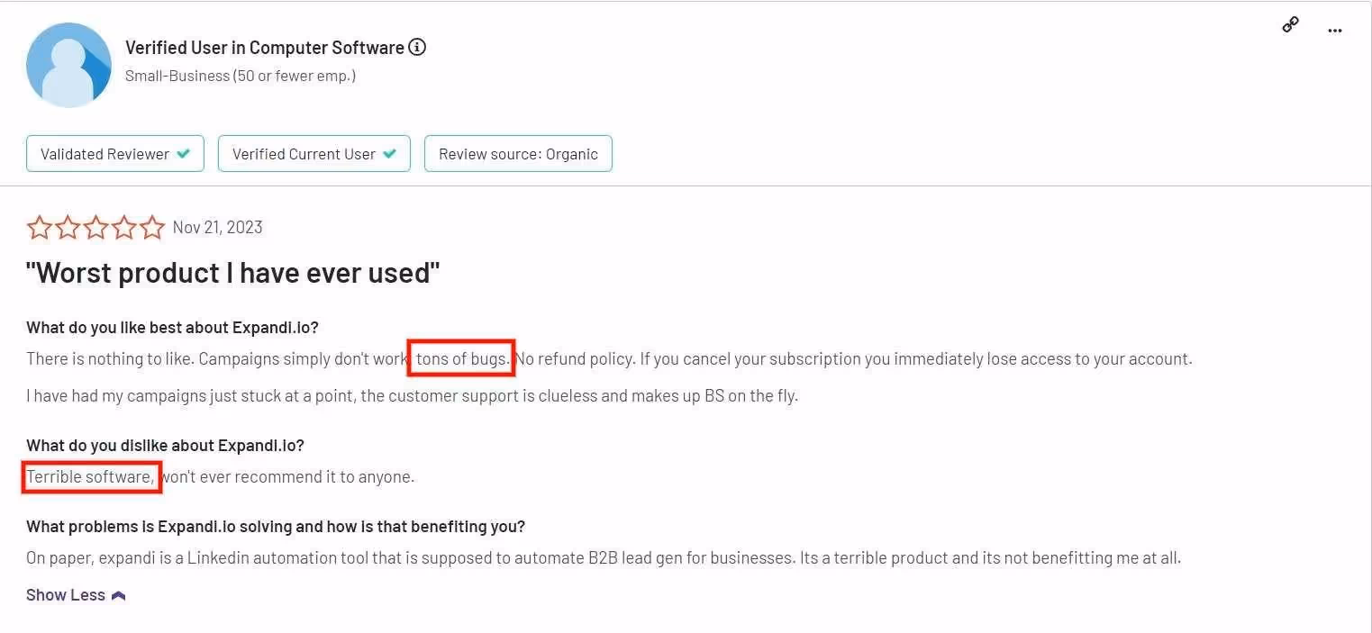 Negative review calling the product the worst they've ever used, citing bugs and poor support.