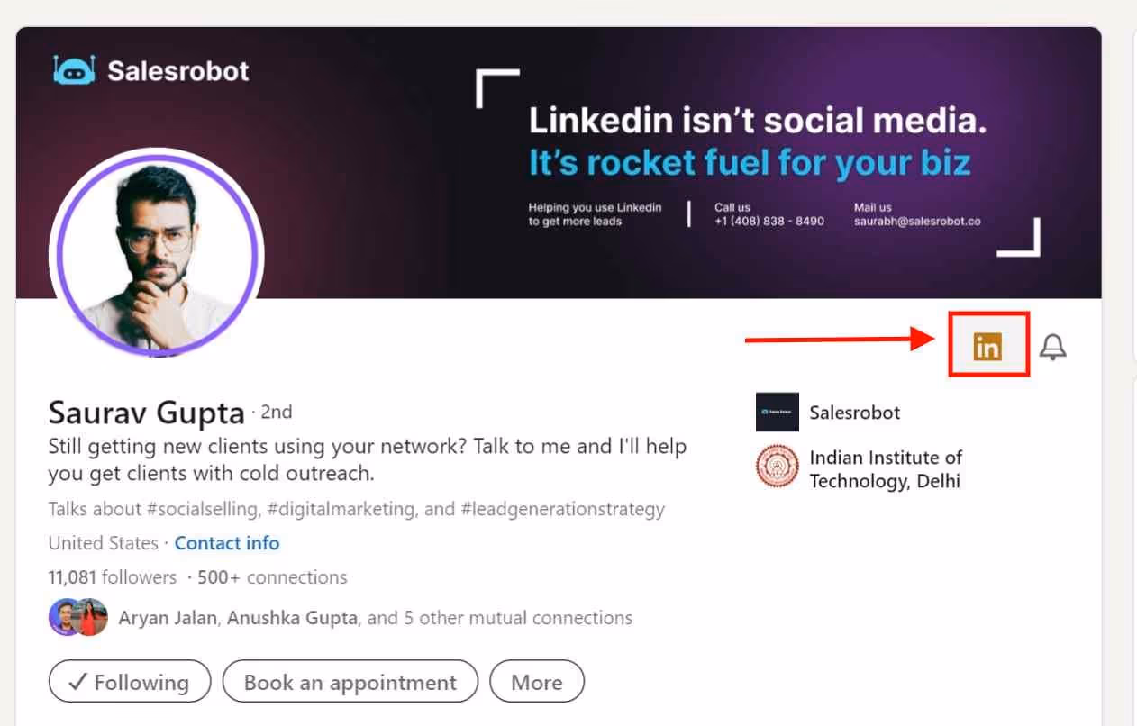 A screenshot of a LinkedIn profile page for Saurav Gupta, with an arrow pointing to the LinkedIn icon in the top right.