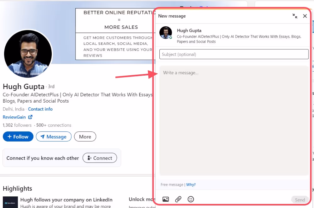 A screenshot showing a LinkedIn profile for Hugh Gupta on the left, and a 'New message' pop-up window on the right with an arrow pointing to the 'Write a message...' field.