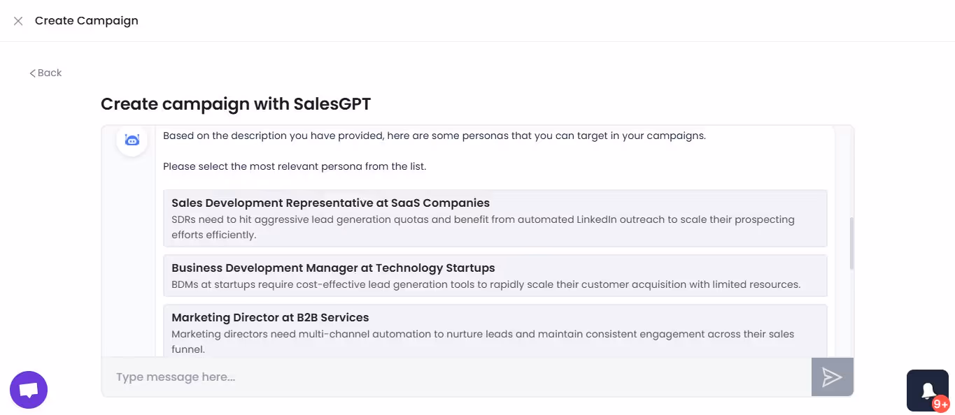 A screenshot of the 'Create campaign with SalesGPT' interface showing three persona options for targeting campaigns.