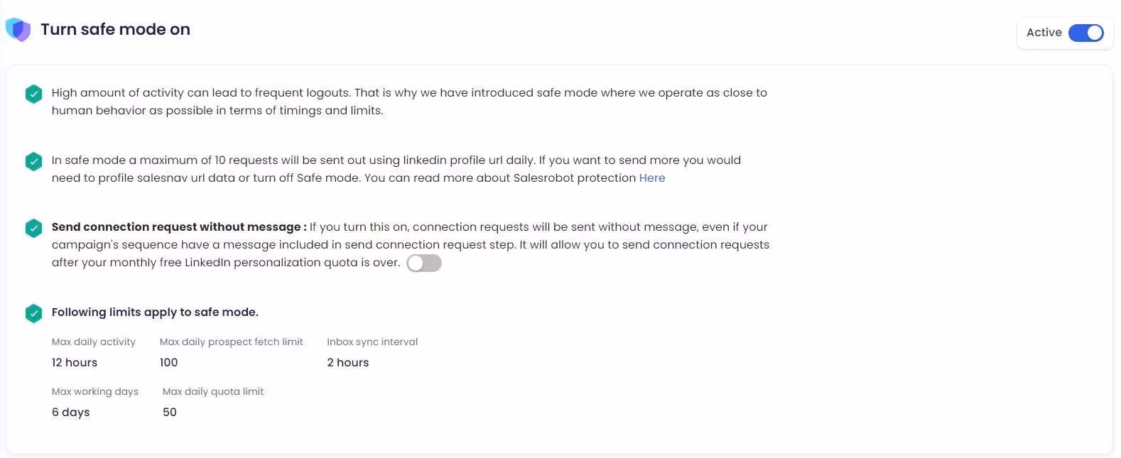 SalesRobot Safe Mode settings