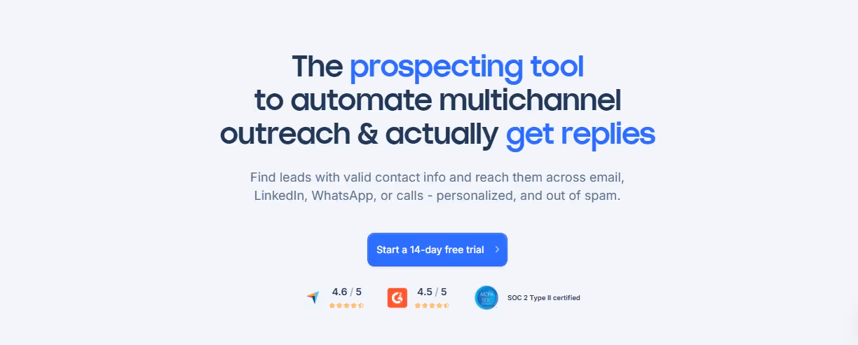 Landing page for a prospecting tool with a headline, description, call to action, and positive ratings.