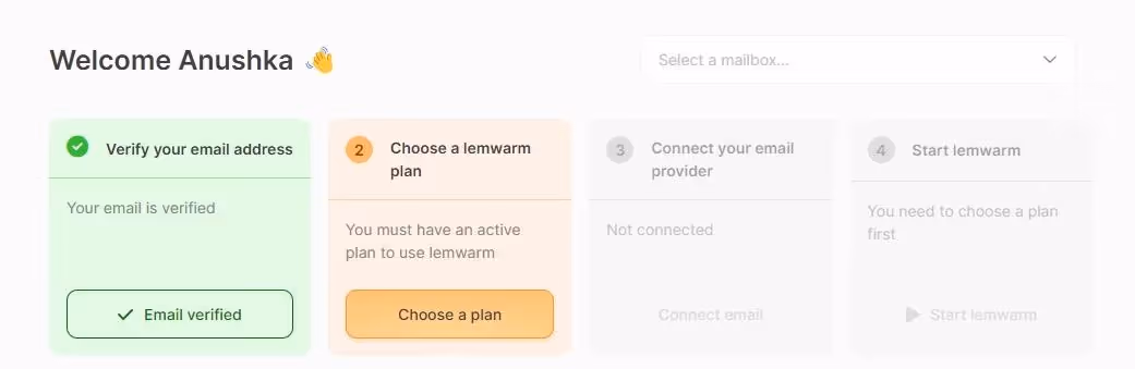A welcome page for Anushka showing email verification completed and prompting to choose a lemwarm plan.