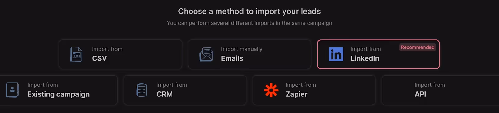 Lead import method selection interface with options including CSV, Emails, LinkedIn, CRM, and API.