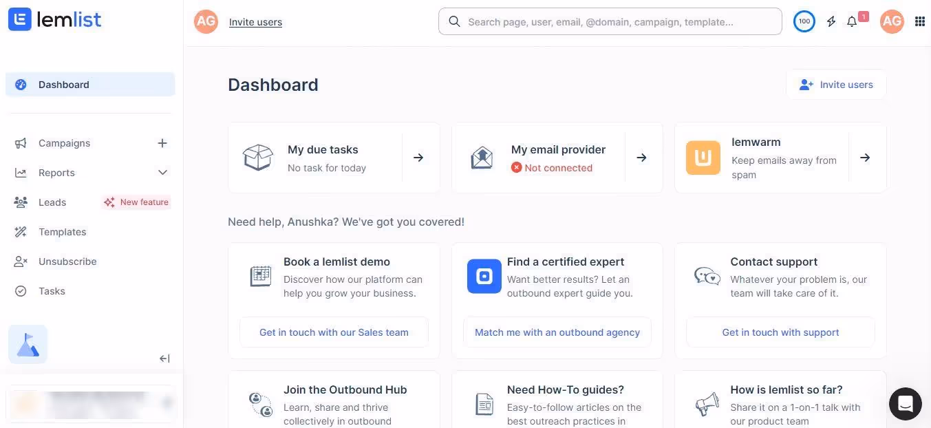 Lemlist dashboard displaying tasks, email provider status, and options for demo, expert, and support.