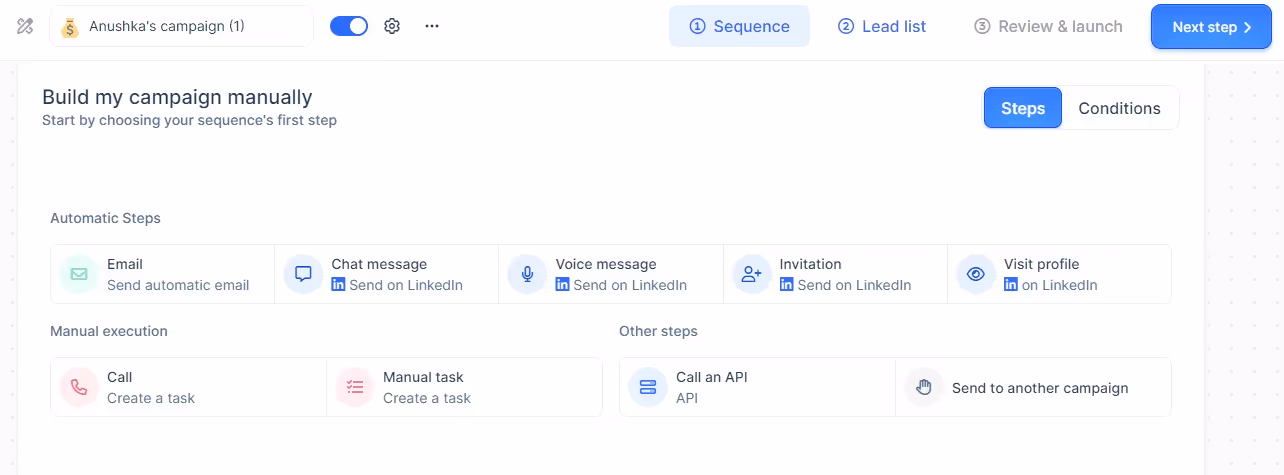 Campaign builder interface with options for automatic and manual outreach steps.