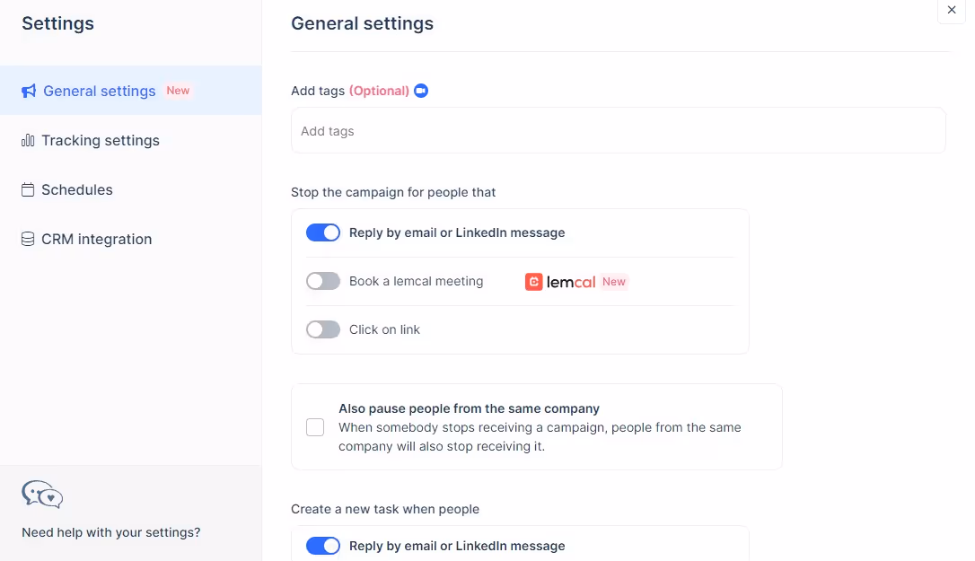 A screenshot of the 'General settings' page within an application, showing options for adding tags and stopping campaigns based on various triggers.