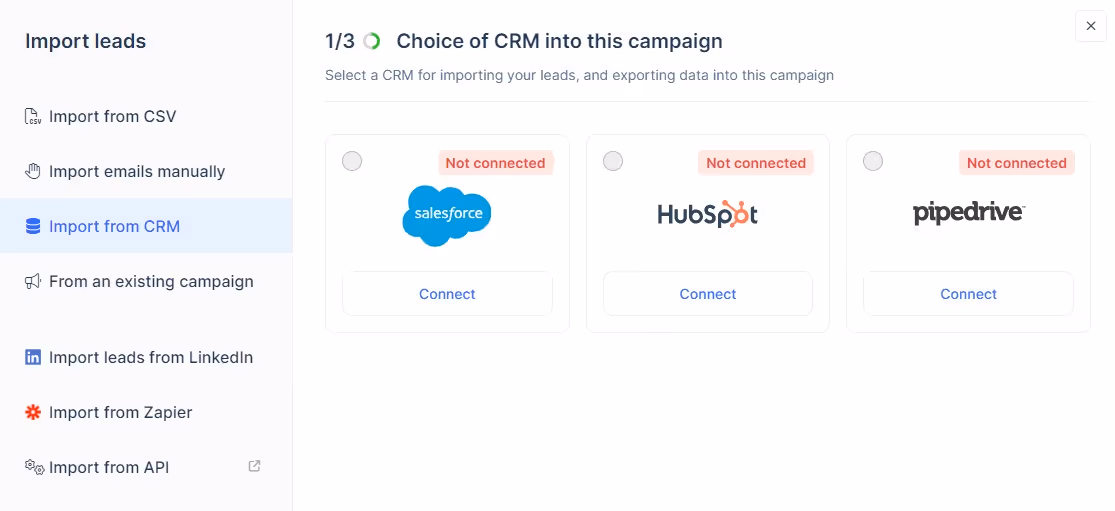 A page titled 'Import leads' showing options to import leads from CSV, manually, CRM, existing campaigns, LinkedIn, Zapier, or API, with Salesforce, HubSpot, and Pipedrive listed as CRM options.