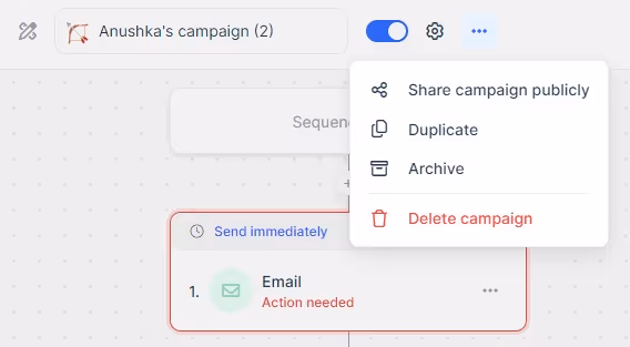A screenshot of a campaign workflow with a dropdown menu showing options to 'Share campaign publicly', 'Duplicate', 'Archive', and 'Delete campaign'.