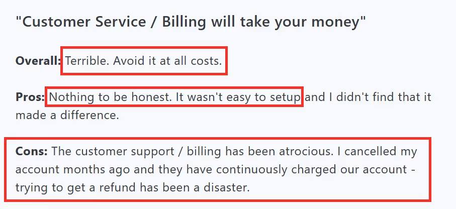 A negative review of lemlist highlighting terrible customer service and billing issues including continuous charges after cancellation.