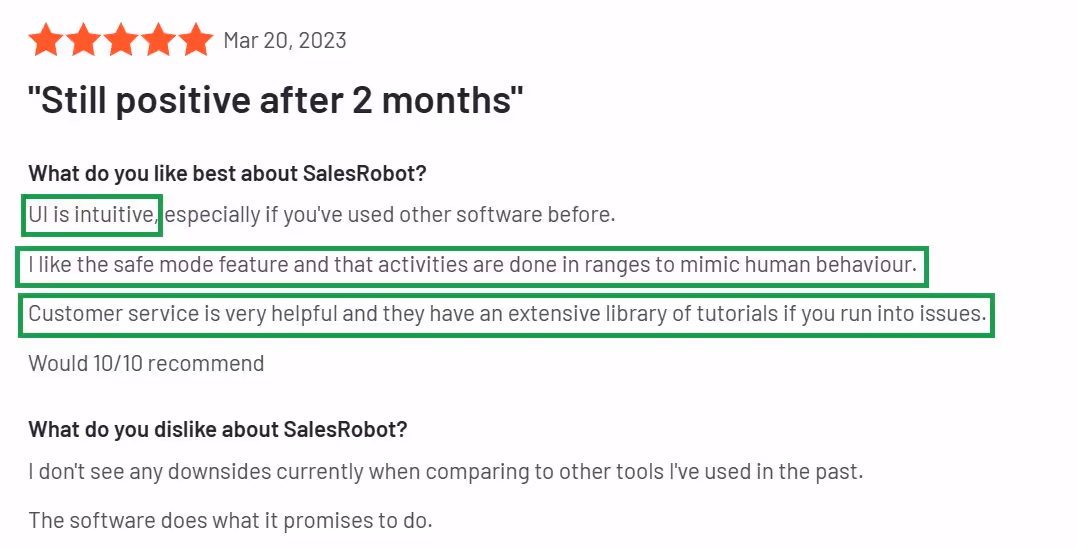 A screenshot of a positive LinkedIn review for SalesRobot, highlighting its intuitive UI, safe mode feature, and helpful customer service with tutorials.