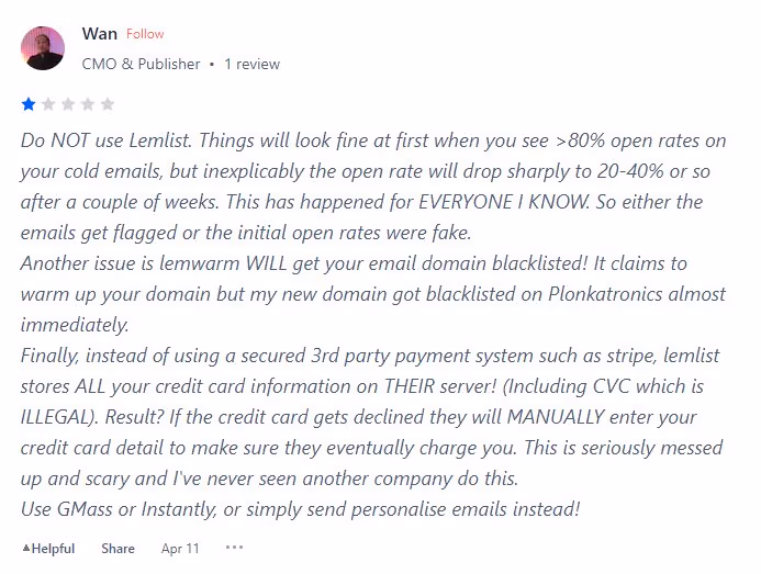 A one-star review advising against Lemlist due to issues like fake open rates, domain blacklisting by lemwarm, and illegal storage of credit card information.