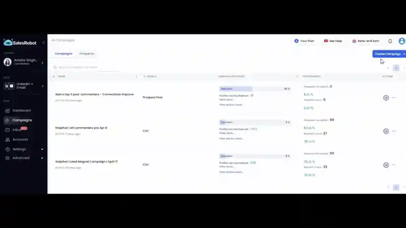 Screenshot of SalesRobot dashboard showing various email campaigns.