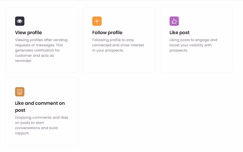 Four cards describing social media actions: view profile, follow profile, like post, and like and comment on post.