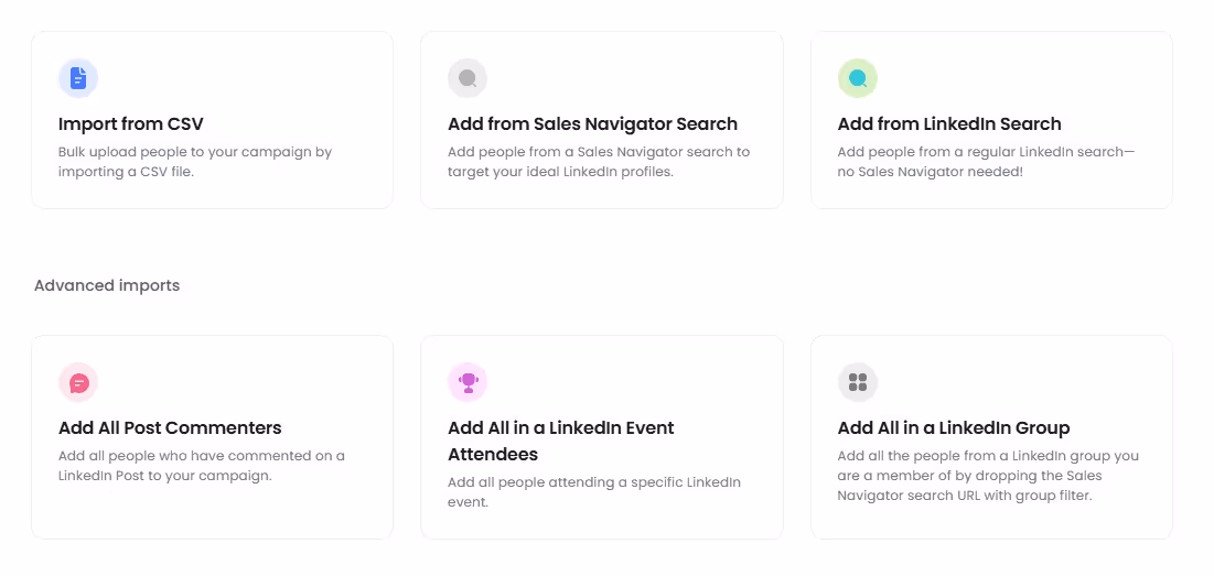 A webpage displaying six options to import profiles for a campaign, including CSV, Sales Navigator, LinkedIn Search, post commenters, event attendees, and groups.