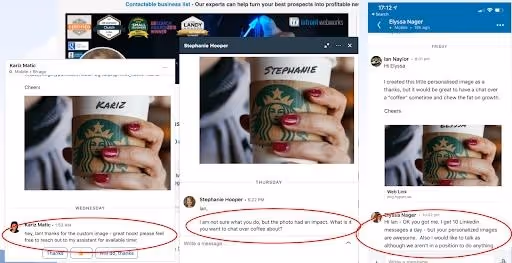 Multiple chat windows displaying personalized Starbucks cups with names like Kariz and Stephanie, used in social media conversations.