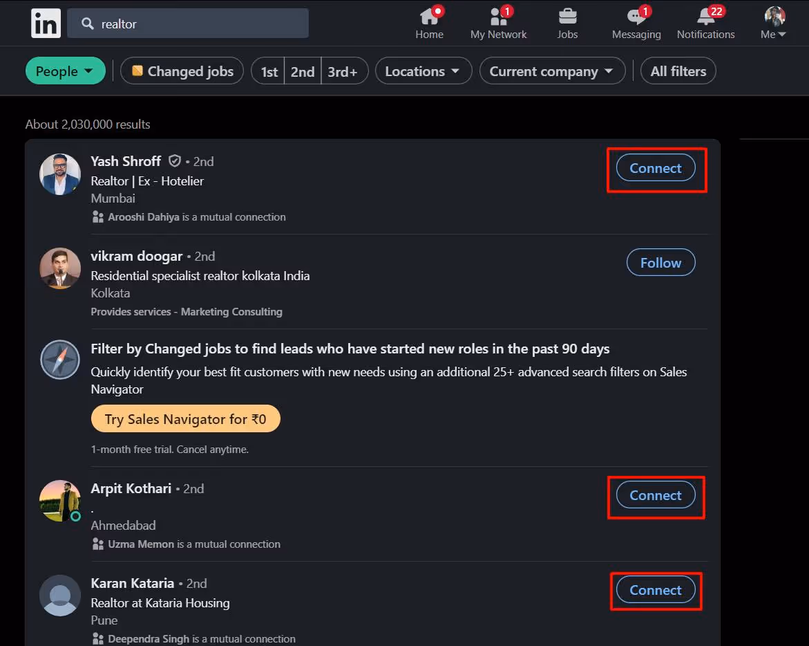 A LinkedIn search results page for