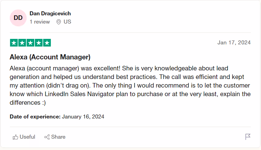 A customer review by Dan Dragicevich, rating Alexa (Account Manager) 5 stars for her excellent knowledge and help with lead generation.