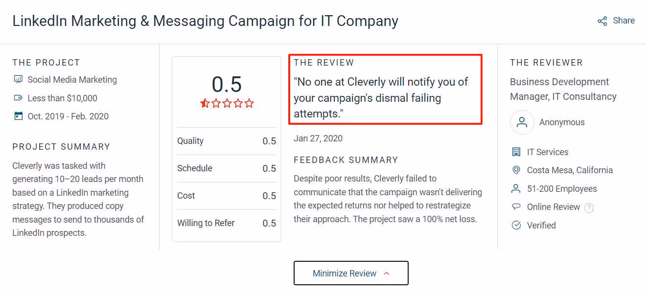 A very negative customer review with 0.5-star ratings, criticizing a campaign's dismal failure and poor communication.
