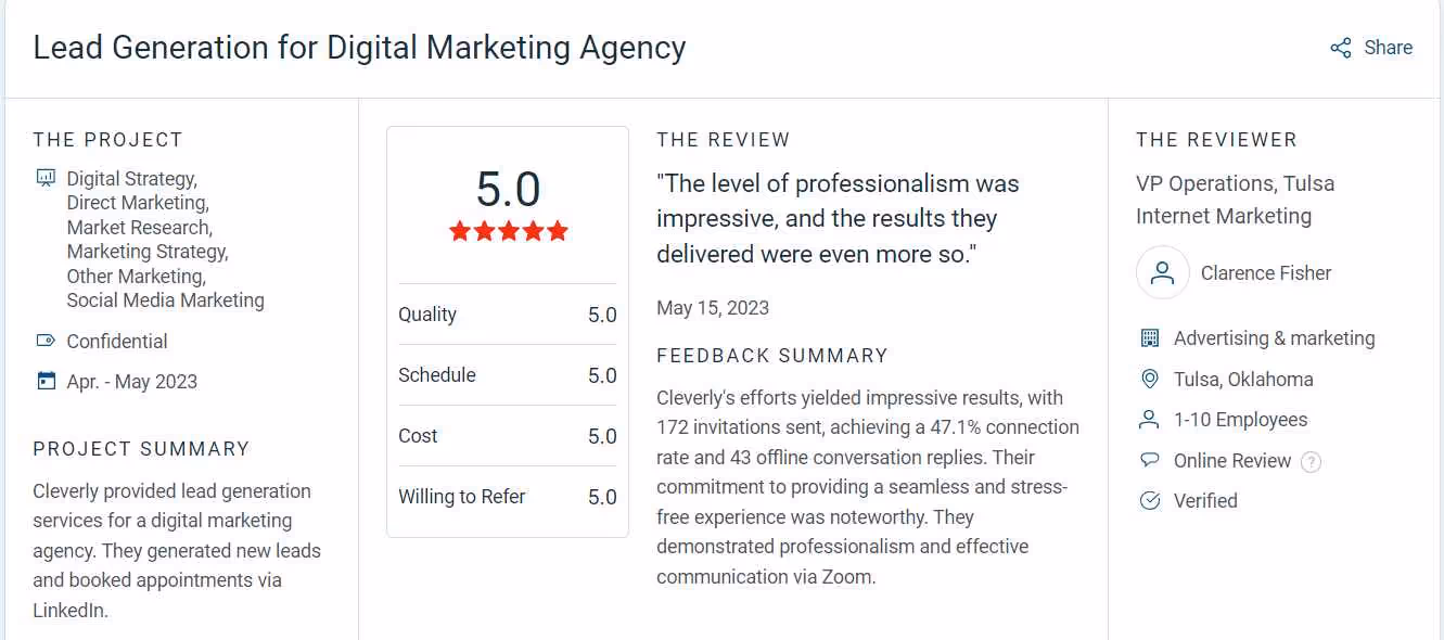 A positive customer review with 5-star ratings for a lead generation service.