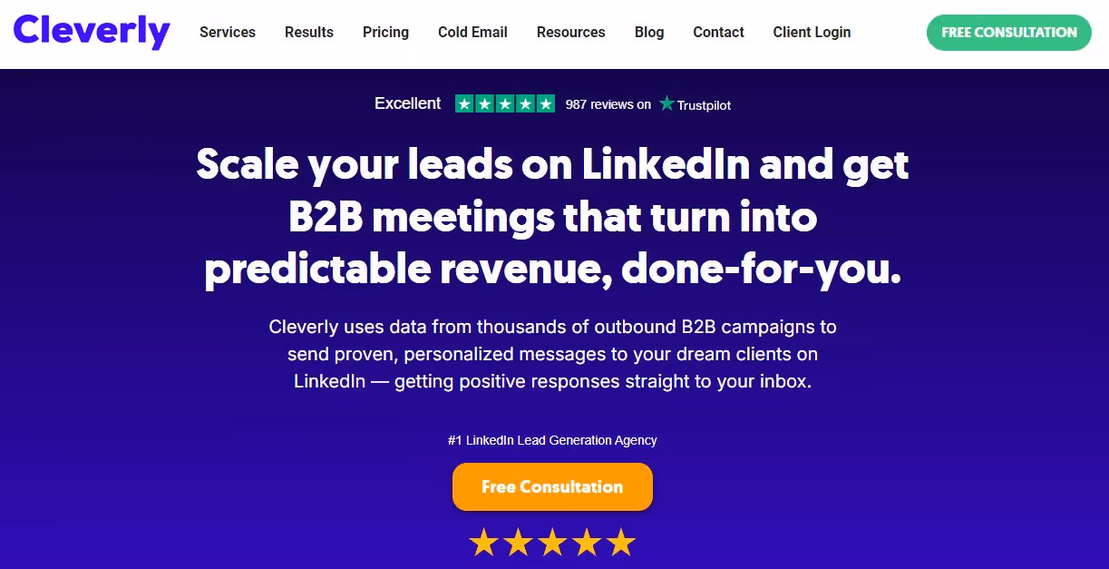 Cleverly website homepage with text "Scale your leads on LinkedIn and get B2B meetings that turn into predictable revenue, done-for-you."