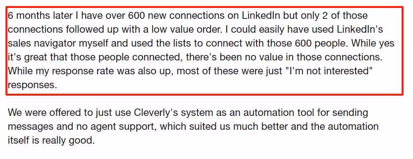 A negative customer review detailing a lack of value from LinkedIn connections and low conversion rates.