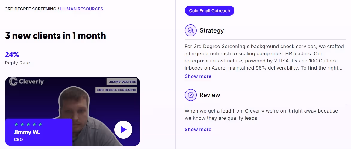A screenshot showing "3 new clients in 1 month" and a video testimonial from Jimmy W., CEO.