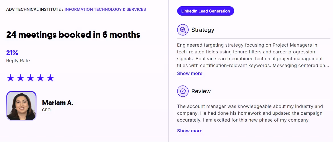A screenshot showing "24 meetings booked in 6 months" and a client testimonial from Mariam A., CEO.