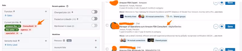 A screenshot displaying job title filters and LinkedIn profiles, highlighting specific text with orange arrows.