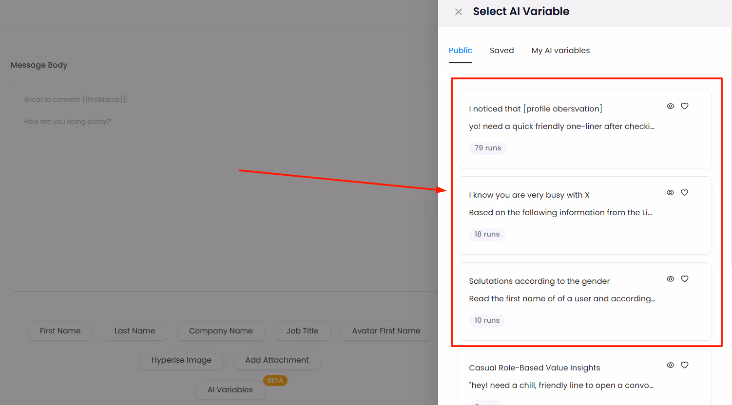 A screenshot of a message body editor with a sidebar titled 'Select AI Variable' showing a list of AI variables, with an arrow pointing to it.