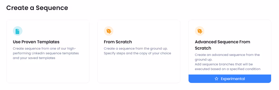 A screenshot of a 'Create a Sequence' page offering options: Use Proven Templates, From Scratch, and Advanced Sequence From Scratch.
