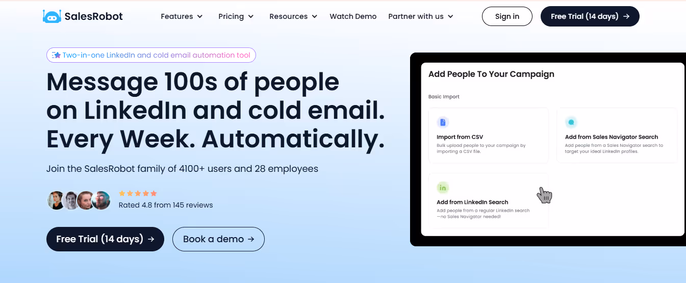 Screenshot of the SalesRobot landing page advertising automated LinkedIn and cold email messaging, with options to add people to campaigns.