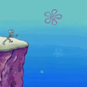 Squidward Tentacles looking out over the ocean from a cliff.