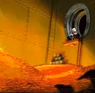 An animated character on a ladder looking into a vault filled with golden coins, reminiscent of Scrooge McDuck's money bin.