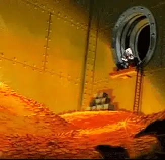 An animated character on a ladder looking into a vault filled with golden coins, reminiscent of Scrooge McDuck's money bin.