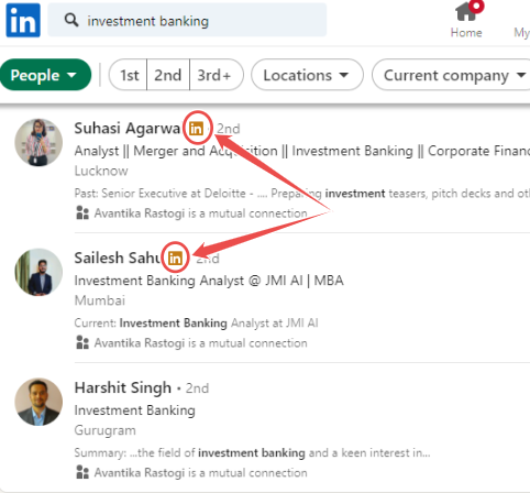 LinkedIn search results for investment banking professionals, showing mutual connections