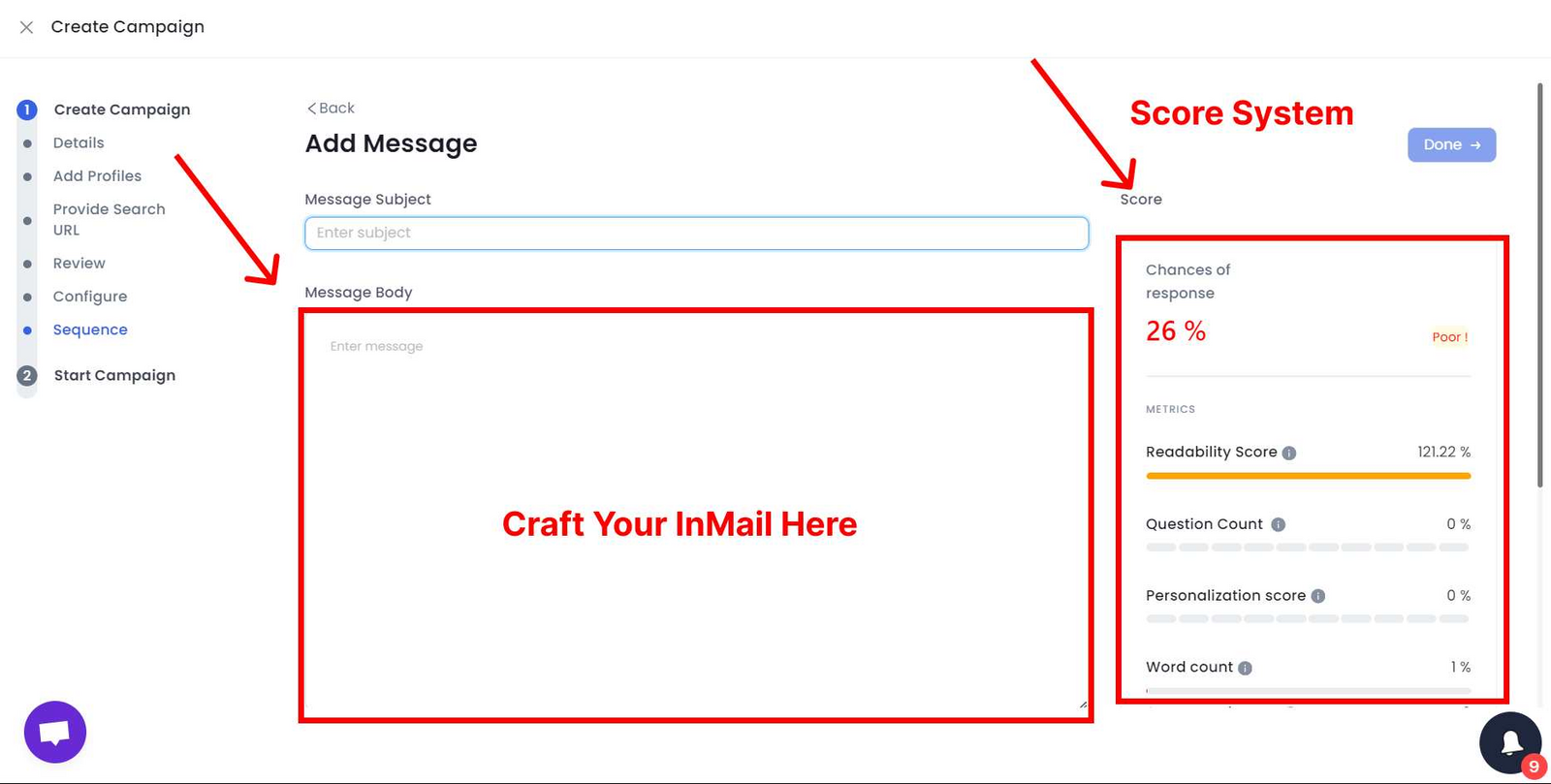 Screenshot showing an option to send an InMail instead of a connection request, along with message subject and body fields, and response metrics.