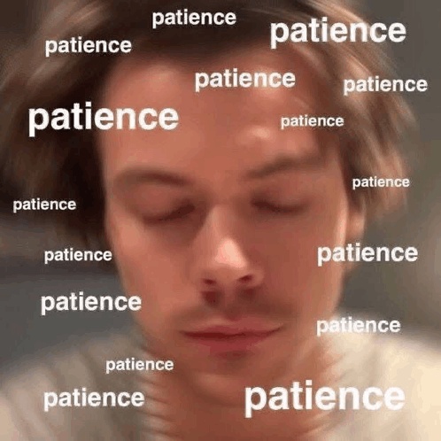 Harry Styles' face with the word "patience" repeated many times around it